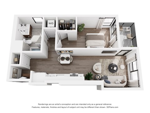 Floor plan for 1 bed, 1 bath, 611 sqft